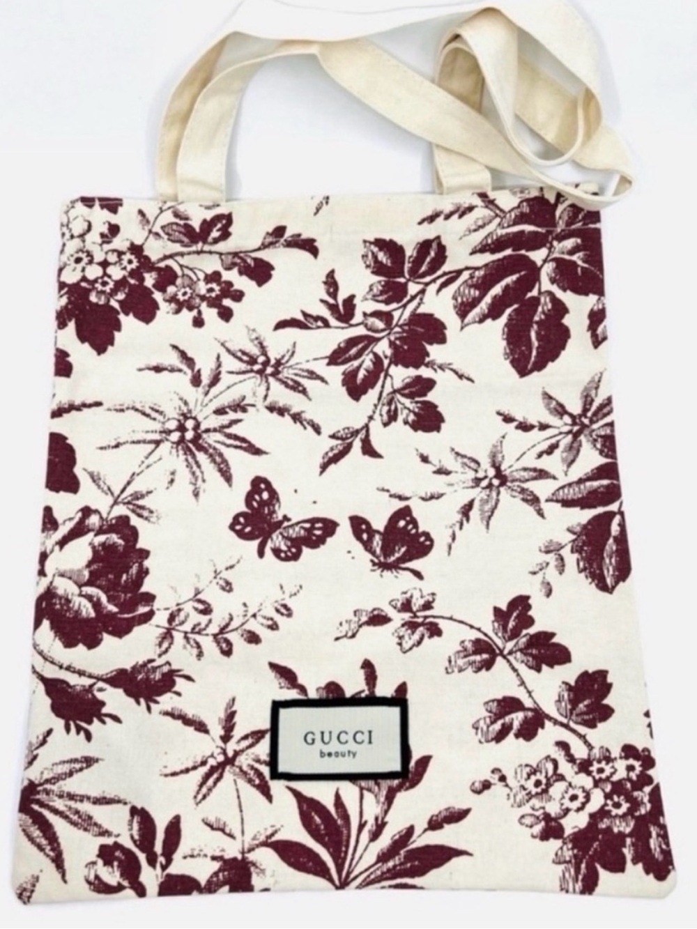 NWT Gucci Beauty Floral Butterfly Canvas Tote Bag Burgundy Cream